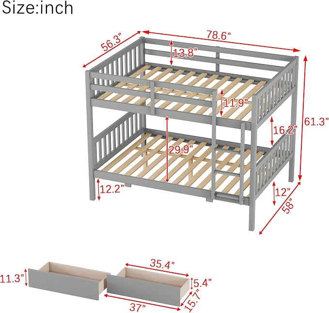 Ball & Cast Full Over Full Wood Bunk Bed for Kids,Convertible Storage Bunk Bed with Two Storage Drawers and Ladder,Can Be Divided Into Two Full Size Daybeds,No Box Spring Required,Grey