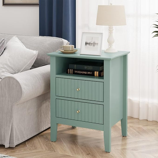 RoyalCraft Fluted Nightstand with 2 Drawers, Colorful Nightstand for Bedroom, Modern Wooden End Table with Storage for Small Spaces, Tall Side Sofa Table for Couch, Home Office, Milky Green