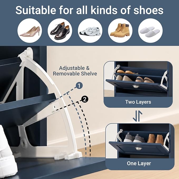 Haotian Shoe Cabinet with 3 Flip Drawers, Freestanding Shoe Rack for Entryway, Shoe Organizer with Hidden Drawer, Navy Blue, FSR94-B (9.45" D x 20.87" W x 46" H)