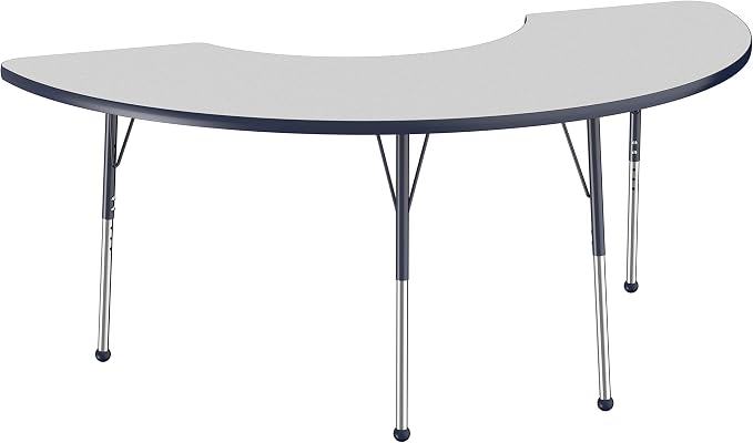 FDP Half Moon Activity School and Office Table (36 x 72 inch), Standard Legs with Ball Glides for Collaborative Seating Environments, Adjustable Height 19-30 inches - Gray Top and Navy Edge