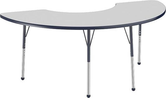 FDP Half Moon Activity School and Office Table (36 x 72 inch), Standard Legs with Ball Glides for Collaborative Seating Environments, Adjustable Height 19-30 inches - Gray Top and Navy Edge