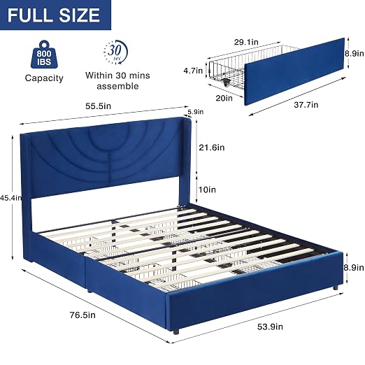 VECELO Full Bed Frame Upholstered Platform with 4 Drawers&Fabric Headboard,Wooden Slats Support/No Box Spring Needed/Mattress Foundation,Dark Blue