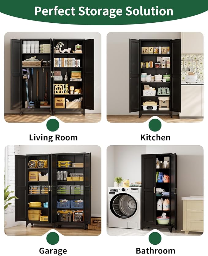 75" Tall Black Metal Storage Cabinet with 2 Doors and 4 Adjustable Shelves, Heavy Duty Steel Pantry Cabinet for Garage, Home Office, Kitchen and Laundry Room, Freestanding Utility Cupboard