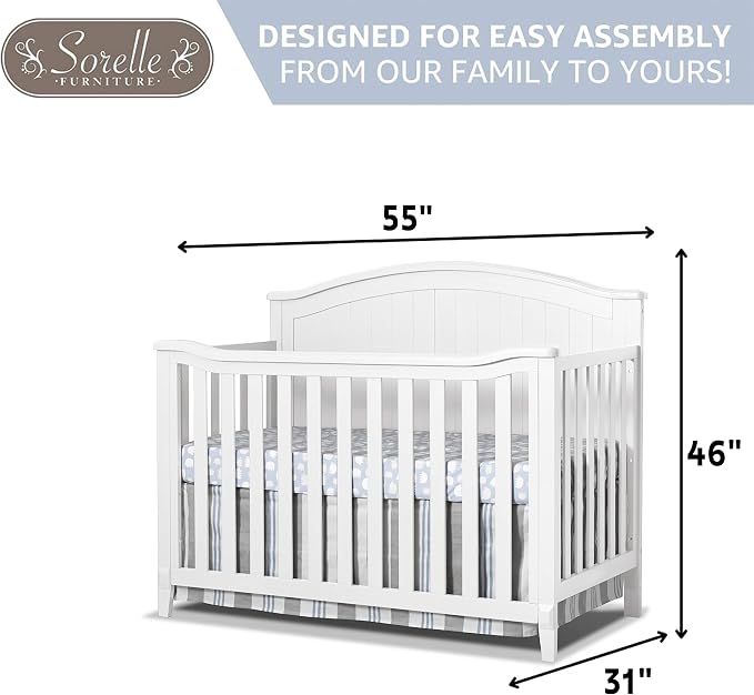 Sorelle Furniture Fairview Crib, Classic 4-in-1 Convertible Crib, Made of Wood, Non-Toxic Finish, Wooden Baby Bed, Toddler Bed, Child’s Daybed and Full-Size Bed, Nursery Furniture -White
