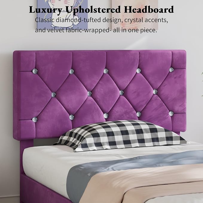 VECELO Twin Size Bed Frame with Diamond Tufted Headboard, Upholstered Platform Bedframe with Wood Slat Support, No Box Spring Needed, Velvet & Purple
