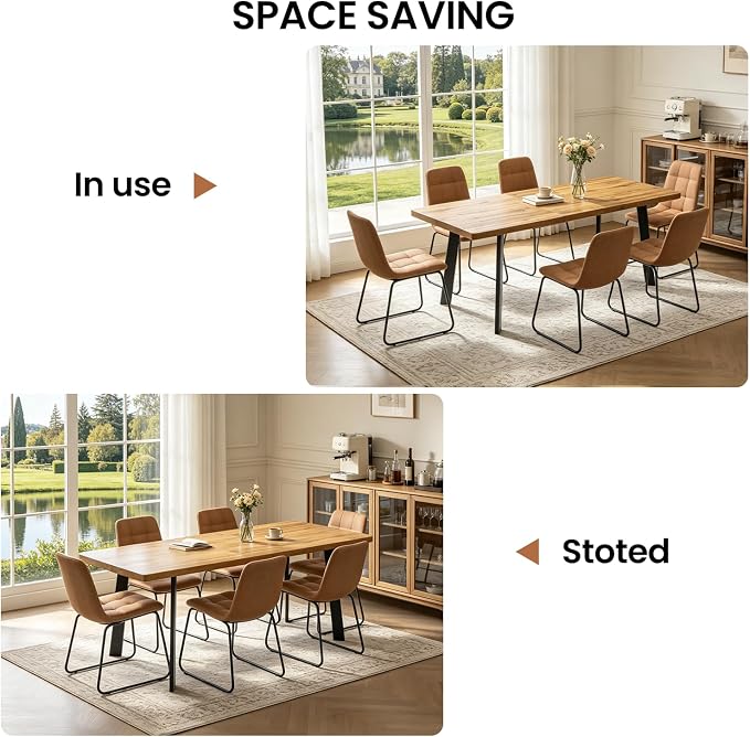Extendable Dining Table Set for 6 to 8 People, 63" to 78.7" Modern Kitchen Table Set with 6 Chairs, MDF Dining Room Table and Chairs with Removable Extension Leaf (Walnut Table+U-Shaped Brown Chairs)