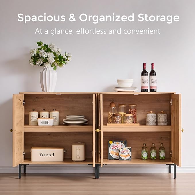 IFGET Modern Buffet Cabinet with Storage, 61.75" W Fluted Arched Sideboard Cabinet w/Adjustable Shelves, Wooden Modular Coffee Bar for Dining Room, Kitchen, Living Room, Entryway, Natural
