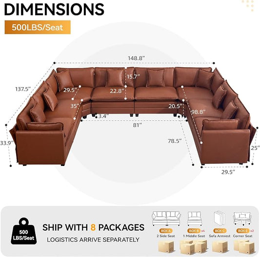 147'' Oversized U Shaped Cloud Sectional Sofa, Leather Deep Seat Couches for Living Room, Comfy Upholstered Modular Sectional Sofa Couch, Leather Brown
