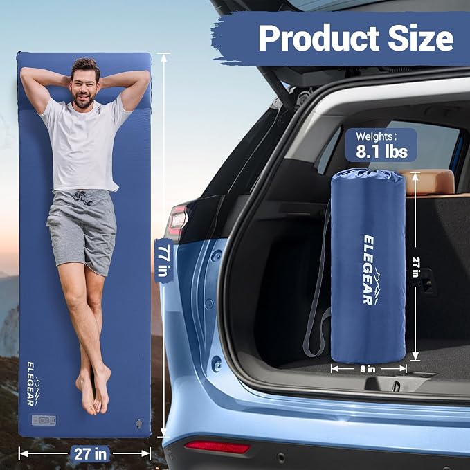 Elegear CumbreX™ Self Inflating Sleeping Pad, Built-in Electric Pump 3.15" Ultra-Thick Memory Foam Camping Mattress with Pillow Foam Sleeping Pad for Camping R-Value 9.5 Foam Camping Pad for Travel