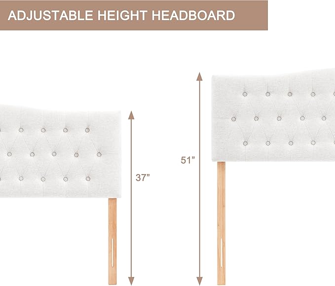 Tufted Headboard Queen Size, Solid Wood Adjustable Height Head Board, White | Upholstered Queen Headboard Only with Durable Solid Wood Legs, Adjustable Height 37-51 in, Fabric Button Diamond HeadBoards
