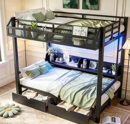 Bellemave Bunk Bed Twin Over Twin, Metal Bunk beds with Storage Shelves and Drawers USB Ports and LED Lights, Lower Bed that can be Converted into a Sofa, Black