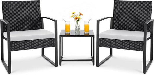 Flamaker 3 Pieces Patio Furniture Outdoor Wicker Modern Rattan Chair Conversation Sets with Coffee Table for Yard, Bistro(White)