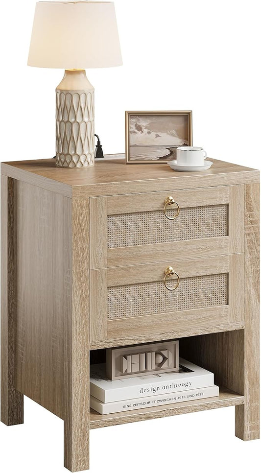 Rattan Night Stand with Drawers - Boho Nightstand with Charging Station, Bedside Table with Storage Shelf, Accent Side Table End Tables Living Room, Wood Nightstands for Bedroom, Light Wood