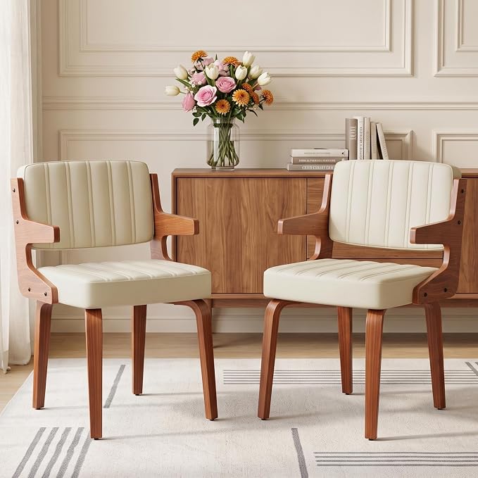 Dining Chairs Set of 2 with Hanging Armrest Beige | Set of 2 with hanging armrests for table-edge storage. Walnut frame and warm beige faux leather seating