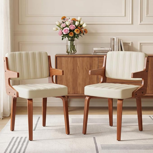Dining Chairs Set of 2 with Hanging Armrest Beige | Set of 2 with hanging armrests for table-edge storage. Walnut frame and warm beige faux leather seating