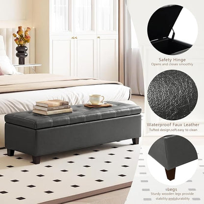 Joveco Storage Ottoman Bench, Tufted Leather 51 Inch Storage Bench for End of Bed Bedroom Living Room (51”, Dark Gray)