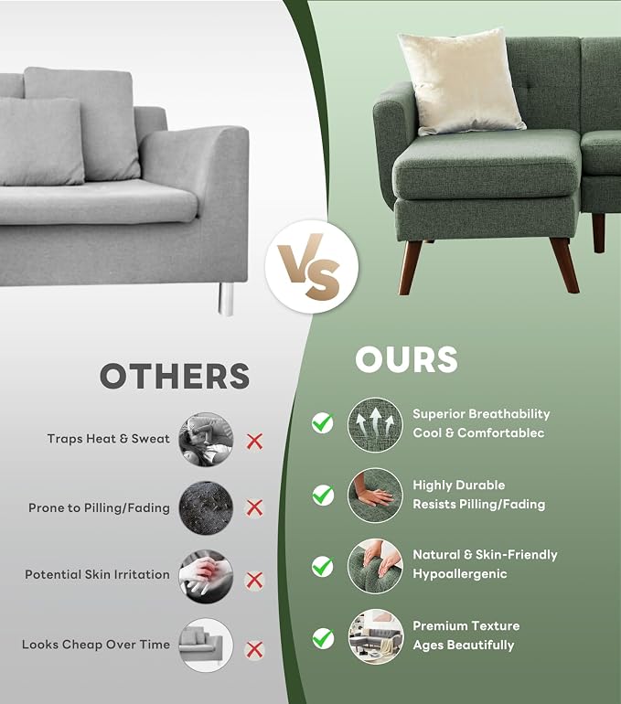 Kingfun L Shaped Couch, 80" W Mid-Century Modern Sofa, Sectional Couches, 3 Seater Sofas with Wide Chaise Lounge, Button Tufted Upholstered Sectional Sofa for Living Room, Bedroom, Green