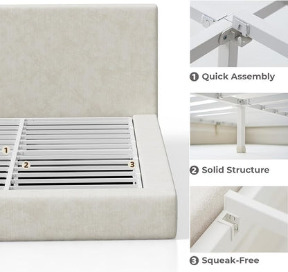 RECCI AirFrame California King Bed Frame with Headboard, Cloud Upholstered Platform Bed Frame, 5 Inch Foam Cushioned, No Box Spring, Easy Assembly(Beige Chenille)