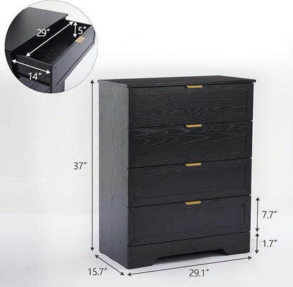 4 Drawers Dresser, Wooden Dresser for Bedroom with Large Drawer and Gold Handles Storage Chest Cabinet Organizer Living Room Closet Hallway, Black