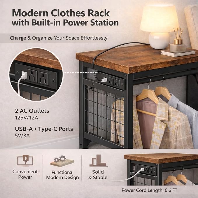 Simple Deluxe Storage Clothes Rack with 6 Drawers, Charging Station & LED Lights, Fabric Chest Shelves Clothing Rack, Wooden Portable Wardrobe Closet, 49.2" W x 15.7" D x 47.2" H, Brown