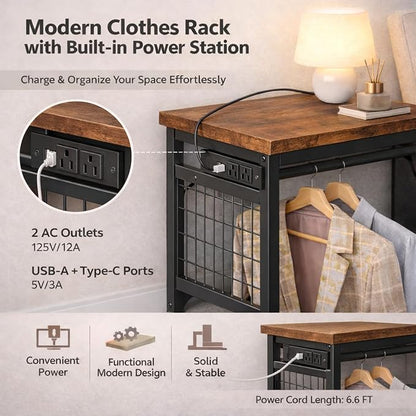 Simple Deluxe Storage Clothes Rack with 6 Drawers, Charging Station & LED Lights, Fabric Chest Shelves Clothing Rack, Wooden Portable Wardrobe Closet, 49.2" W x 15.7" D x 47.2" H, Brown