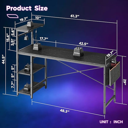 Bestier Gaming Desk with Shelves, 61 Inch Large PC Gaming Table with LED Lights, Led Gamer Desk with 4 Tiers Reversible Storage Shelves for Game & Bedroom Room (Black Grained)