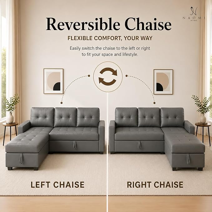 Naomi Home 84" L-Shaped Sectional Sleeper Sofa with Pull Out Bed | Sleeps Guests Comfortably, Stores Essentials in Chaise & Saves Space, Air Leather, Gray Convertible Sofa Bed