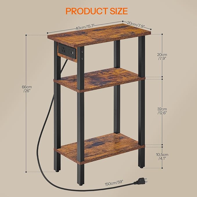 HOOBRO Narrow Side Table, Set of 2, 3-Tier Slim End Table with Charging Station, Skinny Nightstand with Open Storage, for Small Spaces, Living Room, Bedroom, Study, Rustic Brown and Black BF340UBZP201