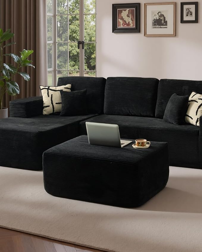 37" Plush Boneless Ottoman, Upholstered Cloud Footrest for Boneless Couch in a Box,Oversize Poufs for Living Room & Bedroom Sofa Ottoman,Comfy Seating with Dense Foam, Black (Corduroy Fabric)