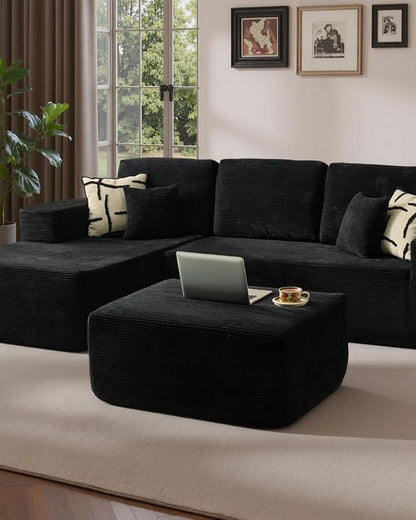 37" Plush Boneless Ottoman, Upholstered Cloud Footrest for Boneless Couch in a Box,Oversize Poufs for Living Room & Bedroom Sofa Ottoman,Comfy Seating with Dense Foam, Black (Corduroy Fabric)