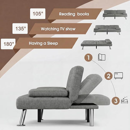 Flamaker Futon Sofa Bed Modern Folding Futon Set Linen Fabric Convertible Recliner Lounge for Living Room with 2 Cup Holders, Removable Armrests (Fabric, Grey)