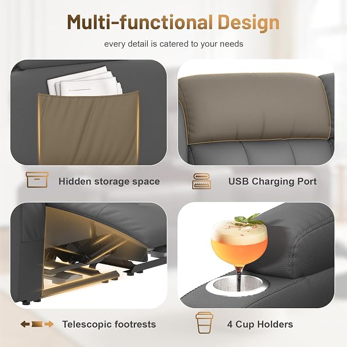 Loveseat Recliner Sofa, Home Theater Seating with Massage, 4 Seat Reclining Loveseats with USB, Wall Hugger RV Couch Movie Theater Chairs, RV Furniture Sofas with USB, Cup Holders for Gaming Room