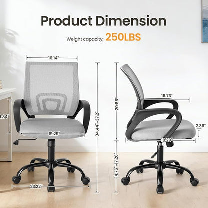 OLIXIS Office Desk Chair - Ergonomic Mid Back with Lumbar Support & Rocking Mode, Height Adjustable with Fixed Armrest, Storage Back for Computer, Gaming, Conference, Meeting Room, 360° Swivel, Grey