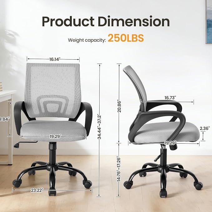 OLIXIS Office Desk Chair - Ergonomic Mid Back with Lumbar Support & Rocking Mode, Height Adjustable with Fixed Armrest, for Home, Computer, Gaming, Conference, Meeting Room, 360° Swivel, Grey, 2 Pack