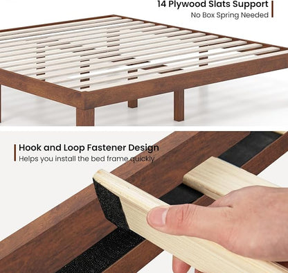 COSTWAY Wood Platform Bed Frame, 14 Inches Solid Rubber Wood Bed Mattress Foundation with Sturdy Slats Support, Easy Assembly Bed Frame for Home Hotel, No Box Spring Needed (Walnut, King)