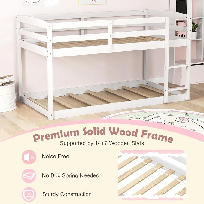 MAT EXPERT Bunk Bed Twin Over Twin, Low Wood Bunk Bed Frame w/Safety Guardrails, Ladder & Slats, Floor Platform Twin Bunk Beds for Kids Toddlers Teens, for Dorm Bedroom, No Box Spring Needed (White)