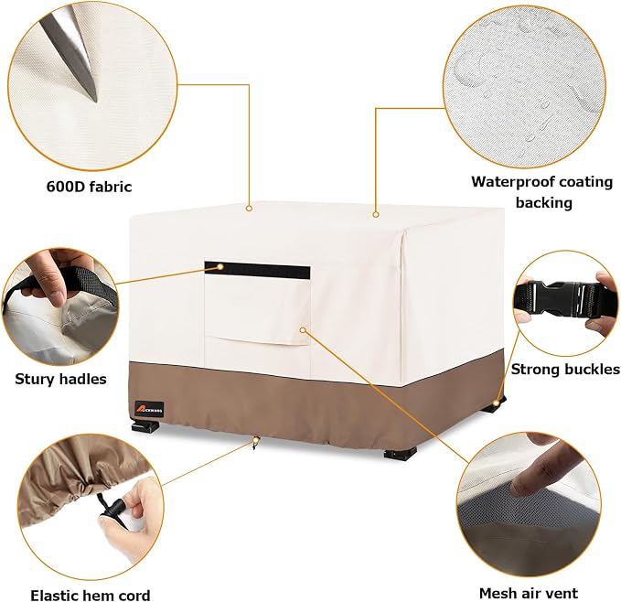 Fire Pit Cover Square, Outdoor Heavy Duty Durable 600D 100% Waterproof Tear-Resistant 34-36 Inch Fire Pit Cover, Patio Fire Pit Table Covers, Beige 36" L x 36" W x 24" H
