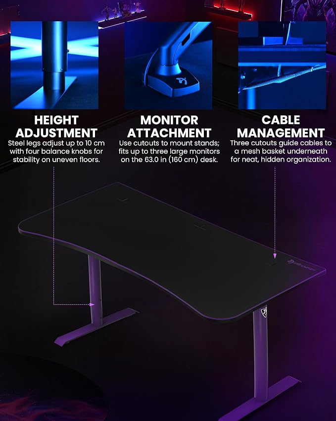 Arozzi Arena Large Gamer Desk - 63x32” Adjustable Height PC Gaming Desk with Storage for Cables & Triple-Monitor Support - Full-Surface Washable Mousepad - Purple