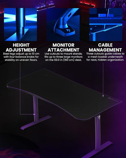 Arozzi Arena Large Gamer Desk - 63x32” Adjustable Height PC Gaming Desk with Storage for Cables & Triple-Monitor Support - Full-Surface Washable Mousepad - Purple