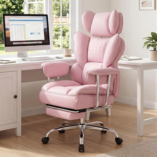DUMOS Big and Tall Office Chair 400 LBS, Scratch-Resistant PU Leather Executive Office Desk Chair with Footrest, Ergonomic Reclining Computer Chairs with Pocket Spring Support, Pink