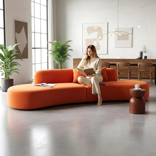 Container Furniture Direct Belmont 132" Curved Sofa with Throw Pillows, 6 Seater Luxury Velvet Couch with Half Moon Design and High-Density Foam, Ideal for Living Room, Office & Apartment, Red Orange