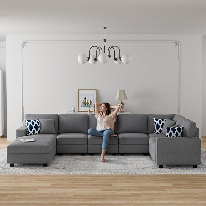 Legend Vansen Oversized Modular Sectional Sofa,U/L‑Shaped Reversible Couch with Ottoman,Deep Seat Plush Polyester Sofa for Living Room,9‑Seater,Dark Grey