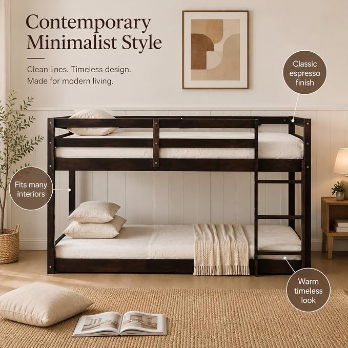 Twin Over Twin Bunk Bed, Low Profile Wooden Frame for Kids Bedroom, Floor Bunk with Ladder and Guardrails, Rubber Wood Construction, 13 Plywood Slats, No Box Spring Needed (Espresso)