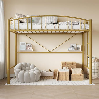 GarveeHome Loft Bed Twin Size, Heavy Duty Metal Loft Bed Frame with Arched Guardrail and Safety Ladder, Space-Saving, No Box Spring Needed, Modern Gold