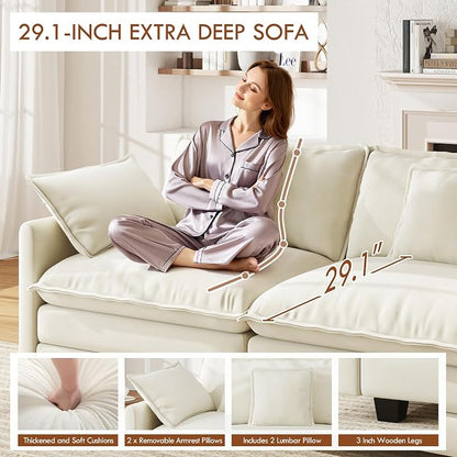 WorthFurni 77 Inch L Shape Cloud Sofa, Modular Sectional Couch with Ottoman, Comfy Chenille Deep Seat Loveseat with Pillow for Living Room Bedroom Apartment （Beige）