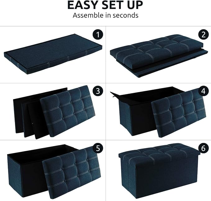 YOUDENOVA 30 Inch Storage Ottoman, Folding Ottoman with Storage, Linen Storage Ottoman Bench Supports Up to 350 lbs, Footrest Seat for Living Room, Bedroom, Blue