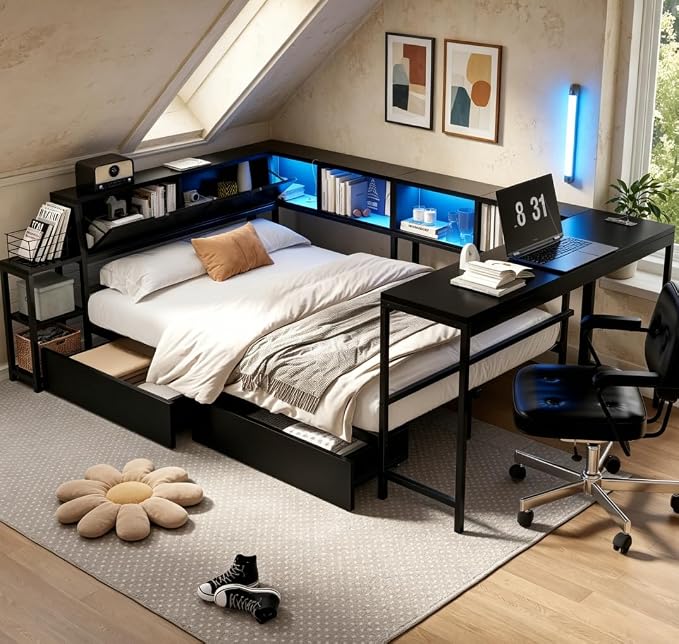 Bellemave Twin Corner Bed Frame with Desk and Storage, Twin Size cornner Bed with Charging Station and LED Light, Wood Daybeds with L-Shaped Bookcase and 2 Drawers, Black