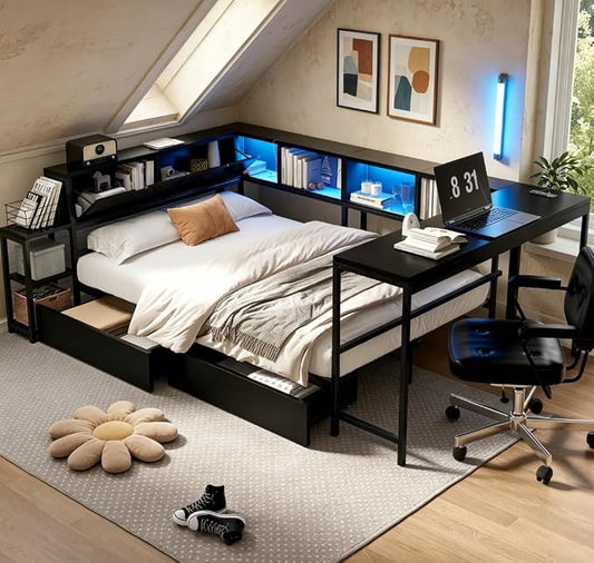 Bellemave Twin Corner Bed Frame with Desk and Storage, Twin Size cornner Bed with Charging Station and LED Light, Wood Daybeds with L-Shaped Bookcase and 2 Drawers, Black