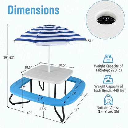 KOTEK 8-Person Kids Picnic Table, Toddler Activity Table with Removable Umbrella, 4 Built-in Benches, HDPE Top & Metal Frame, Kids Outdoor Table for Patio Garden Backyard (White+Blue)