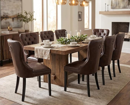 EALSON Modern Dining Chairs Set of 8 Mid Century Leather Dining Room Chairs with Wood Legs Tufted Upholstered Kitchen Side Chairs with Nail Head Trim for Dining Room/Living Room, Coffee with Ring